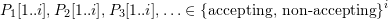 \[P_1 [1..i], P_2[1..i], P_3[1..i], \ldots \in \set{\text{accepting, non-accepting}}^i\]