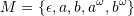 \[M = \set{\epsilon, a, b, a^\omega, b^\omega}\]