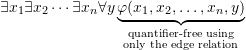 \[\exists x_1 \exists x_2 \cdots \exists x_n \forall y \underbrace{\varphi(x_1,x_2,\ldots,x_n,y)}_{\substack{\text{quantifier-free using} \\ \text{only the edge relation}}}\]