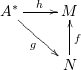 \[\xymatrix{ A^* \ar[r]^h \ar[dr] _g& M \\ & N\ar[u]_f }\]