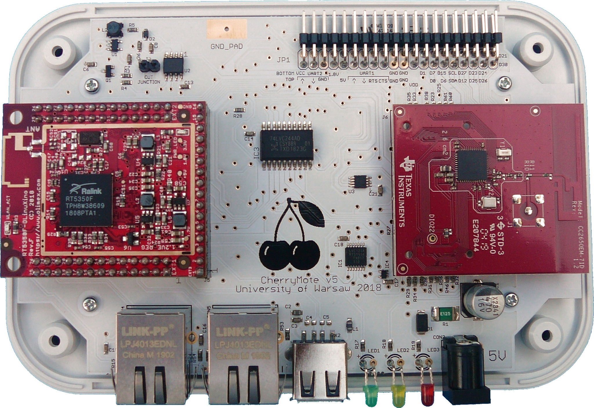 A photo of the inside of CherryMote. There are three PCB: Experimental Device and Supervising Device are mounted on the main PCB. The main PCB hosts also Ethernet ports, a USB port, LEDs, and a power supply port.