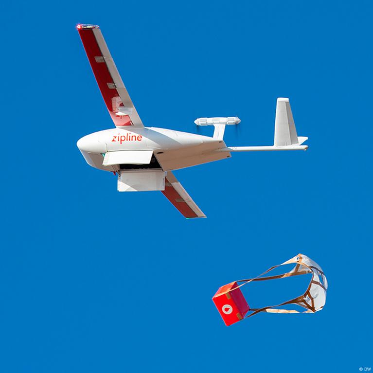 Zipline drone delivering medical supplies