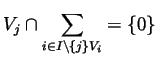 $\displaystyle{V_j\cap \sum_{i\in I\setminus\{j\} V_i}=\{0\}}$